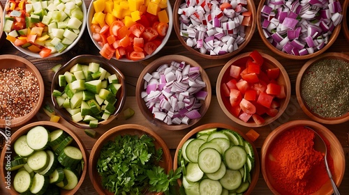 Ingredients for a build-your-own salad bar spread out on a table