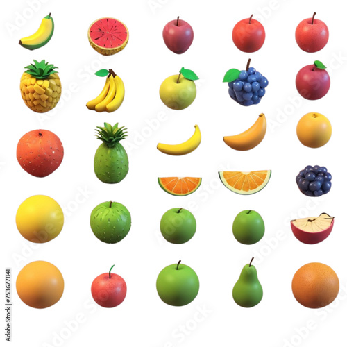 3d render fruits icon pack on isolated transparent background png  generated with AI