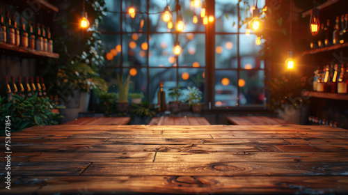 image of wooden table in front of abstract blurred background of resturant lights.