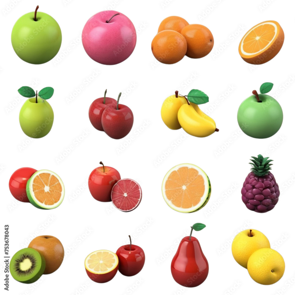 3d render fruits icon pack on isolated transparent background png, generated with AI 3d render fruits icon pack on isolated transparent background png, generated with AI