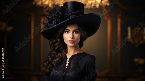 Portrait of an aristocratic woman in an elegant broad-brimmed hat and luxurious dress. Beauty, fashion. Generative AI