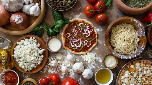 Ingredients for a build-your-own pizza party laid out on a counter