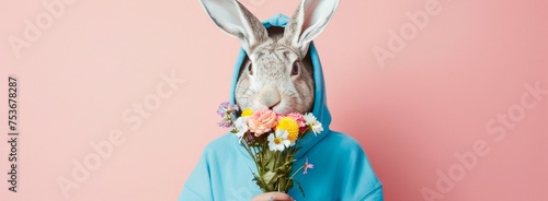 A surreal image of an individual in a bunny costume holding a bouquet of flowers against a pink backdrop