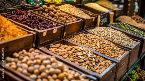 Multiple wooden boxes at a market display an array of dried fruits and various nuts, inviting textures photo