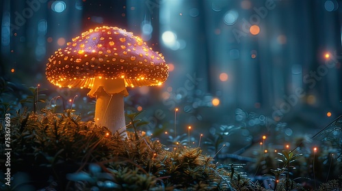 Fairy mushroom with magical lights in the forest at dusk