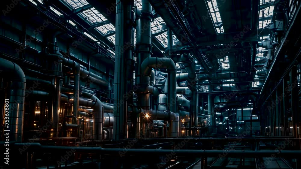 Video animation of industrial interior, possibly within a factory or manufacturing plant. The intricate network of metallic pipes and machinery creates a complex and visually captivating environment Video animation of industrial interior, possibly within a factory or manufacturing plant. The intricate network of metallic pipes and machinery creates a complex and visually captivating environment