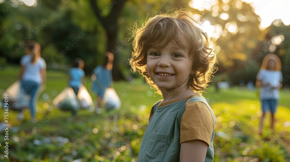 A little boy with curly hair turns to the camera, with kids and volunteers in the background in a park A little boy with curly hair turns to the camera, with kids and volunteers in the background in a park