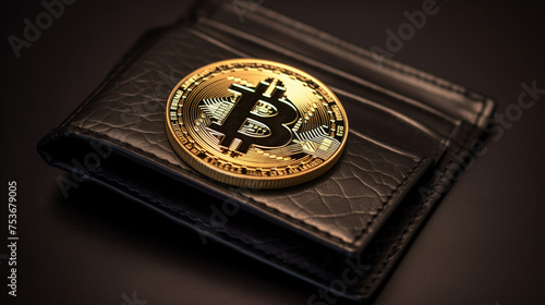 A leather wallet with a golden Bitcoin coin on top