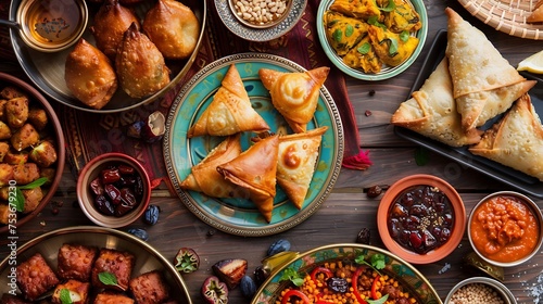 iftar spread featuring samosas, pakoras, and dates