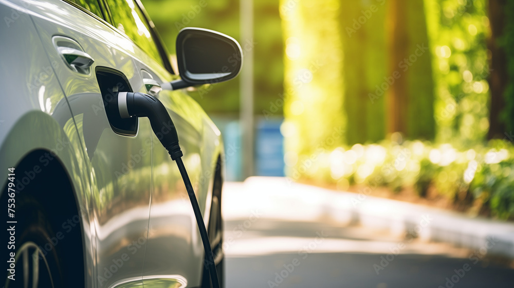 Electric vehicle charging at a station with a green background. Electric vehicle charging at a station with a green background.