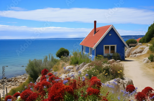 Blue seaside cottage with a red roof and surrounding flowers.