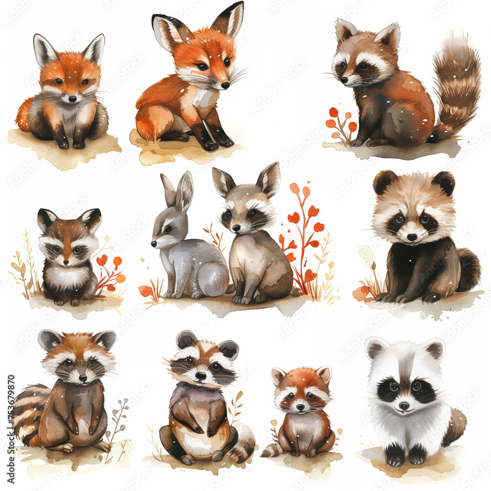 Watercolor collection of fox, fawn, rabbit, hedgehog, raccoon, panda, watercolor, white background 