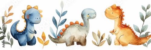 Watercolor cute dinosaurs isolated for baby nursery decor  watercolor  white background 