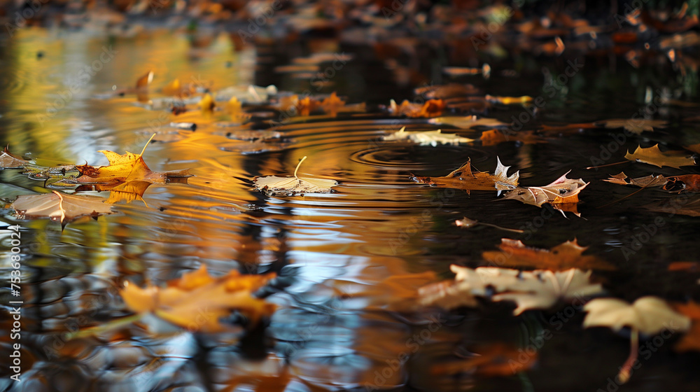 Close up fallen autumn leaves on the water, reflection in the lake Close up fallen autumn leaves on the water, reflection in the lake