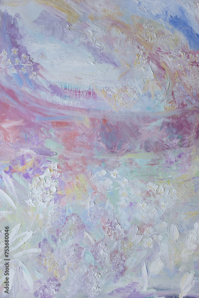 Abstract vertical pastel color spring flowers background. Palette knife and brush strokes paint texture. Fictional cloud cover of fragrance. Original decorative painting.