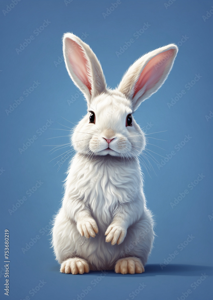 Cute furry rabbit isolate on blue background.