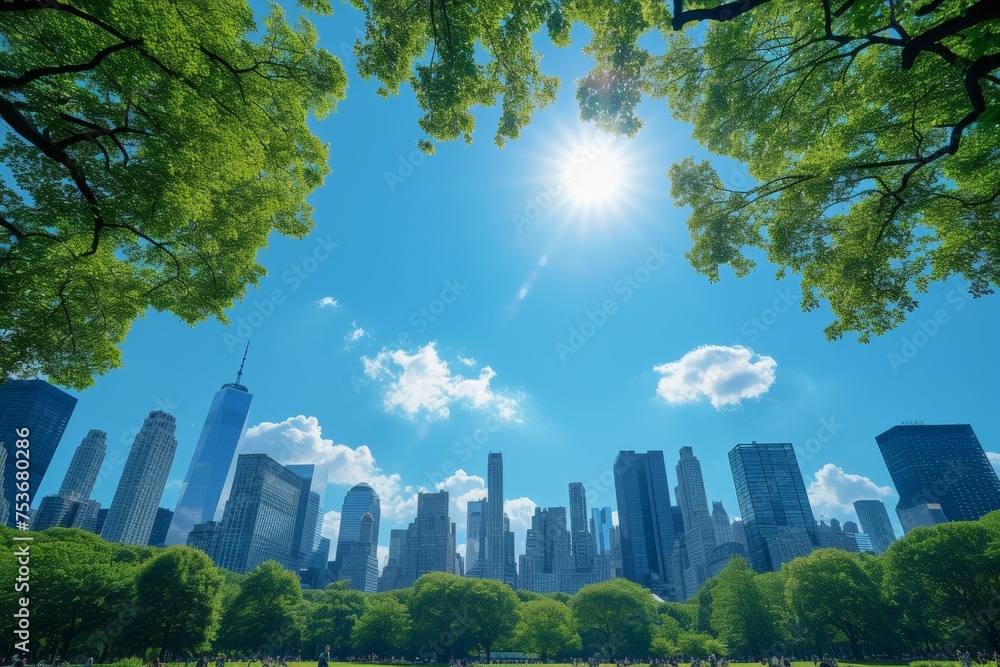 Fototapeta premium A city skyline against a backdrop of radiant blue skies, where sunlight illuminates the architectural wonders that define the urban landscape
