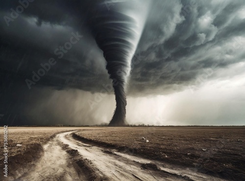 Raging tornado at the with in a dry dirt field with black clouds photo