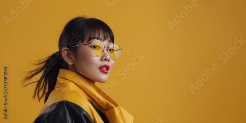 Summer Elegance Fashionable Smiling Chines  Girl in Chinese Yellow Clothing on yellow Background  photo