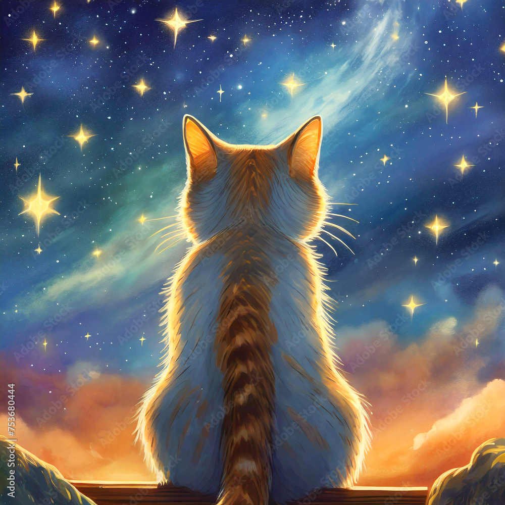 별을 바라보는 고양이2 - obrazy, fototapety, plakaty 