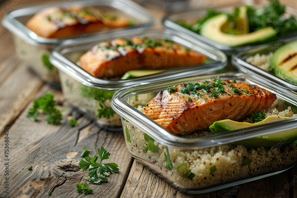 A set of meal prep containers filled with grilled salmon, avocado, quinoa, and fresh greens. 