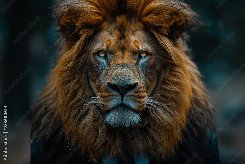 An individual in a tailored suit with a lion's head, symbolizing courage and leadership. Concept of bravery in business. Generative Ai.