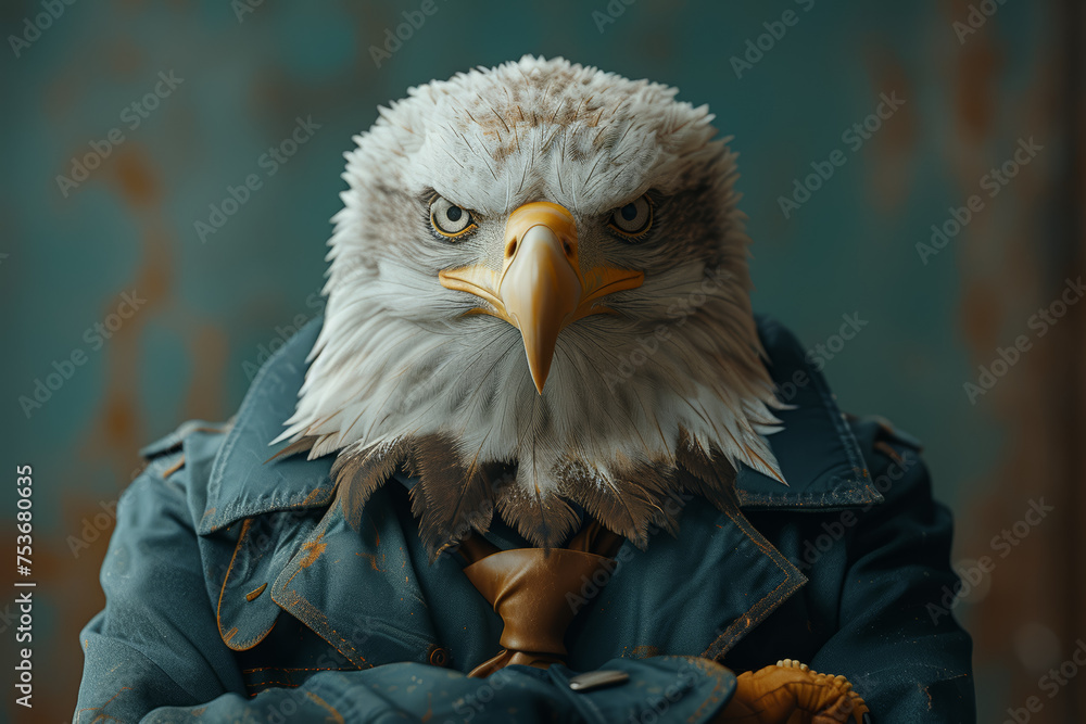 A character in formal attire featuring an eagle's head as a representation of keen vision and strategic thinking. Concept of foresight in decision-making. Generative Ai. - obrazy, fototapety, plakaty 