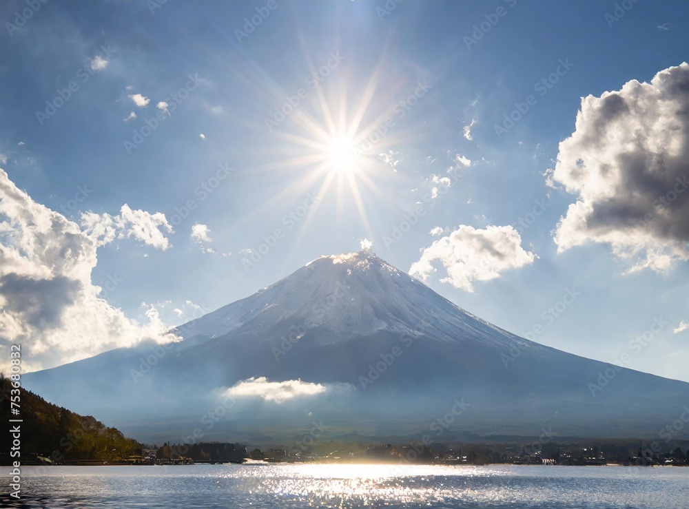 Sun and Mount Fuji, Japan, Fujikawaguchiko, Yamanashi, Yamanashi Prefecture