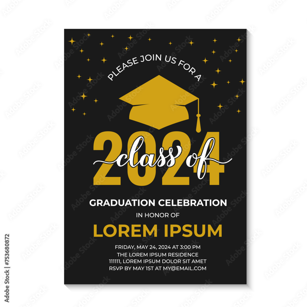 Graduation ceremony invitation card. Black and gold grad party invite. Graduation celebration announcement. Class of 2024 vector template.