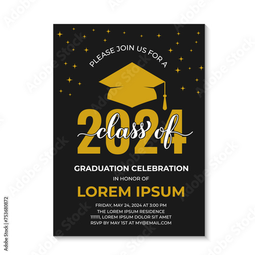 Obraz na płótnie Graduation ceremony invitation card. Black and gold grad party invite. Graduation celebration announcement. Class of 2024 vector template. w salonie