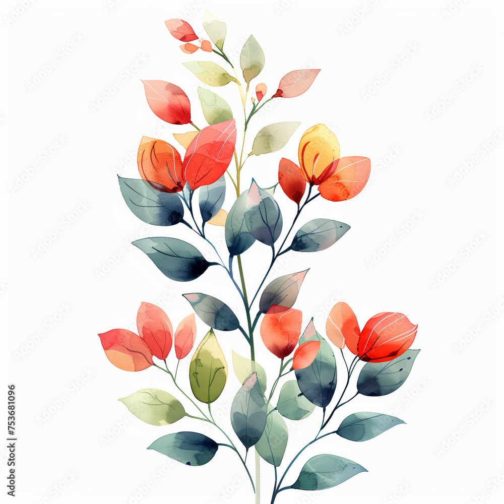 Watercolor floral elements on a minimalist background, watercolor, white background 