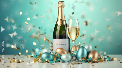 Festive Champagne Celebration with Easter Eggs and Confetti on a Spring Background
