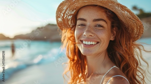 Red-haired woman on the seashore in summer