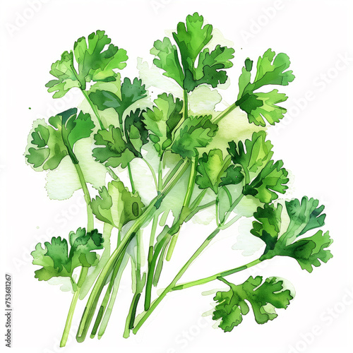 Watercolor illustration of fresh, green coriander cilantro, watercolor, white background 