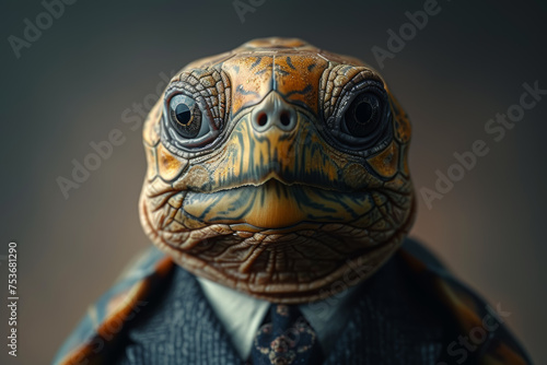 A character in formal attire with a turtle's head, symbolizing steady progress and resilience in business endeavors. Concept of enduring success. Generative Ai. © Sebastian