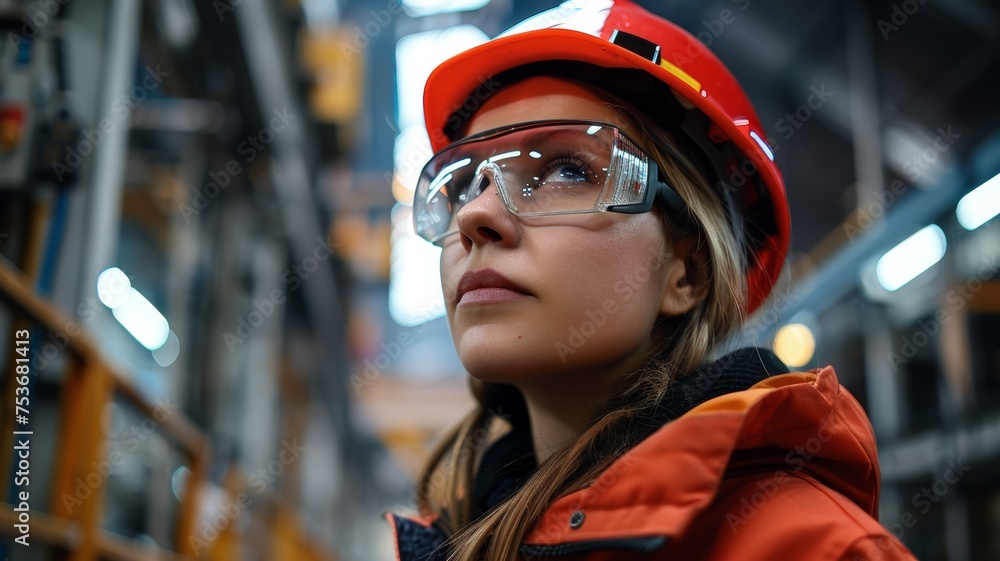 Female worker wearing a safety uniform, glasses and hard hat in factory Female worker wearing a safety uniform, glasses and hard hat in factory