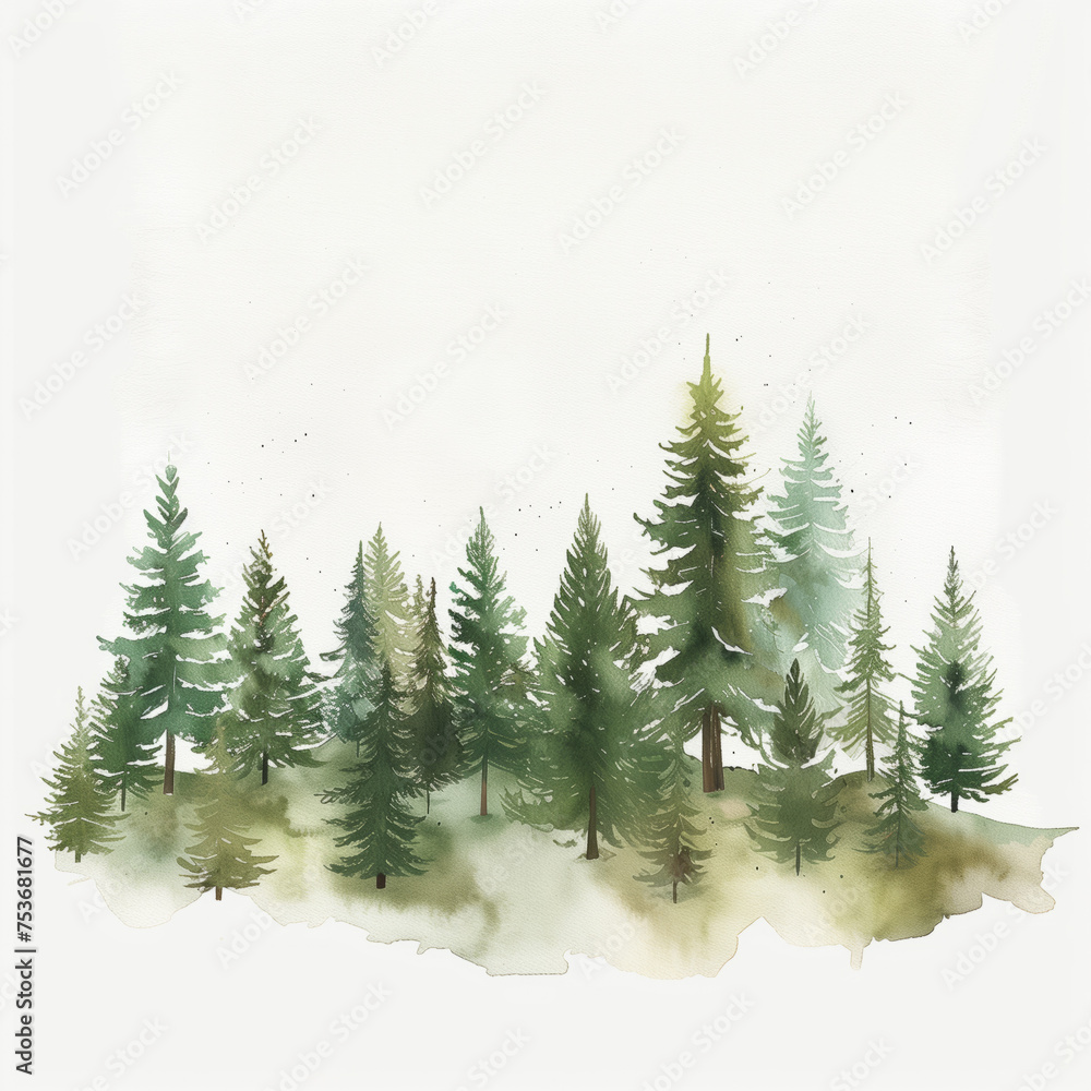 Watercolor minimalistic forest scene with serene ambiance, watercolor, background with place for text