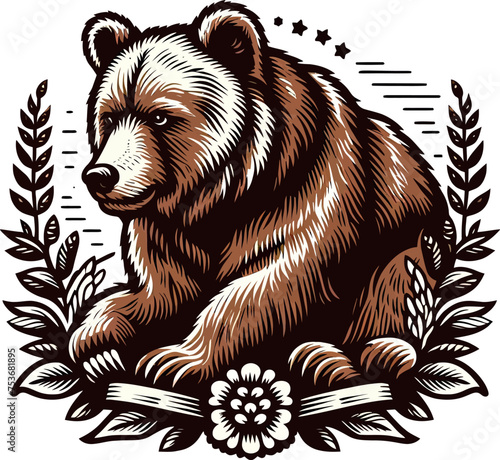 brown bear in the forest vector art illustration for t-shirt merch