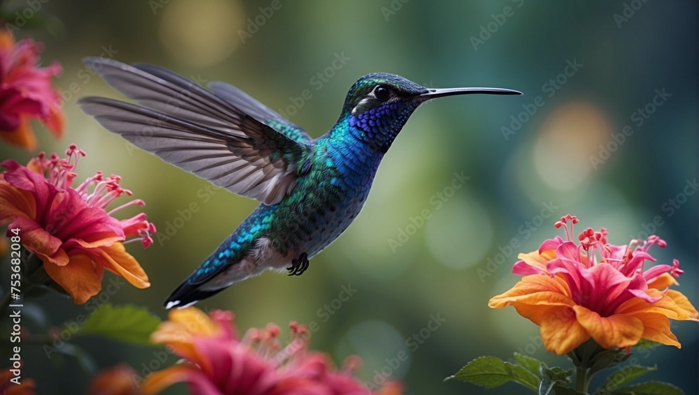 Fototapeta premium Hummingbird on flower. Blue hummingbird flying over spring wildflowers