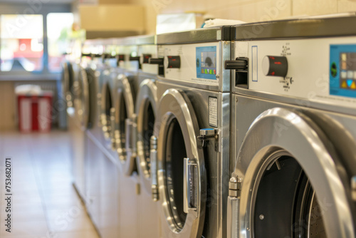 Professional laundry with a many wasing machines. AI generative photo