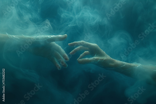 Two hands reaching towards each other through a misty veil, portraying the mystery and anticipation in relationships. Concept of hidden connections. Generative Ai.