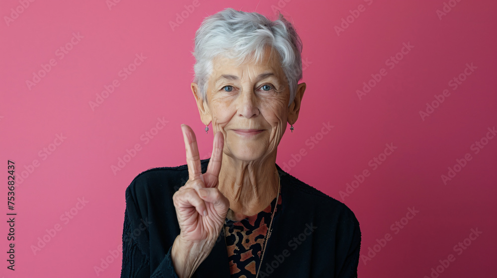senior woman showing peace sign gesture on isolated pink background, space for text senior woman showing peace sign gesture on isolated pink background, space for text