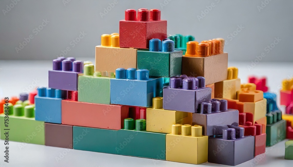 A high-resolution image displaying a collection of vibrant toy blocks neatly arranged agains A high-resolution image displaying a collection of vibrant toy blocks neatly arranged agains