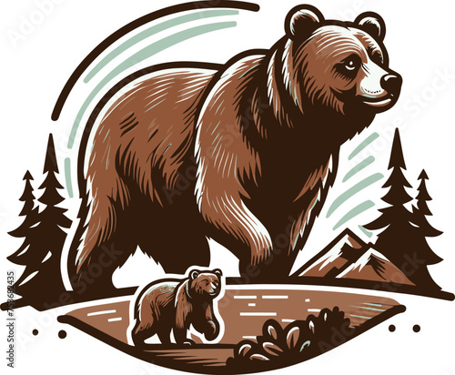 brown bear in the forest vector art illustration for t-shirt merch