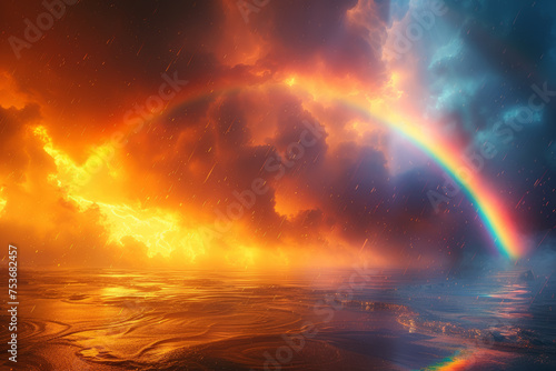 A vibrant rainbow emerging from a cloudy sky, illustrating optimism and positivity after a storm. Concept of resilience and hope. Generative Ai. © Sebastian