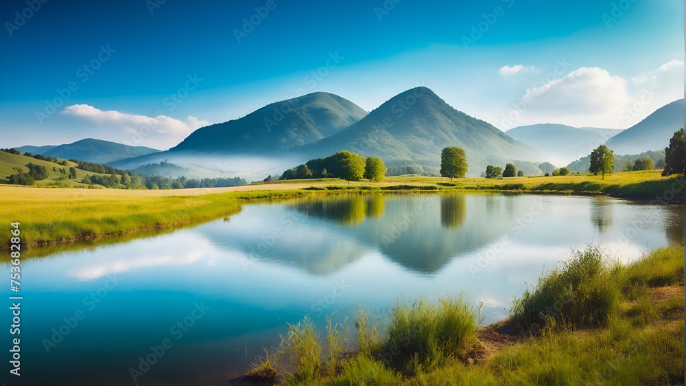 A serene landscape features a lake in the foreground, with a grassy field and mountains in the background. ai generative