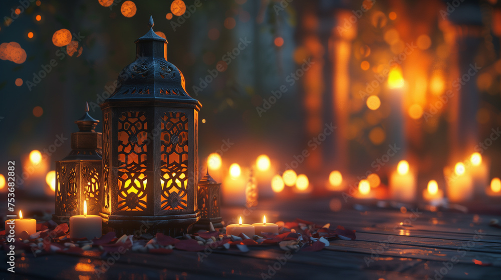 Fototapeta premium Candlelit Elegance: Vintage Traditional Lantern Shining with Candles, Providing a Unique Spiritual Ramadan Backdrop and Generous Copyspace