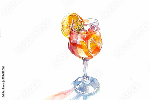 Watercolor spritz cocktail glass with orange sketch on white background, watercolor, white background 