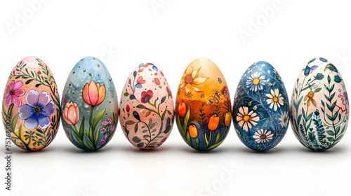 Colorful Easter eggs, a symbol of spring celebrations, rest on a white background