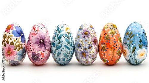 Colorful Easter eggs, a symbol of spring celebrations, rest on a white background